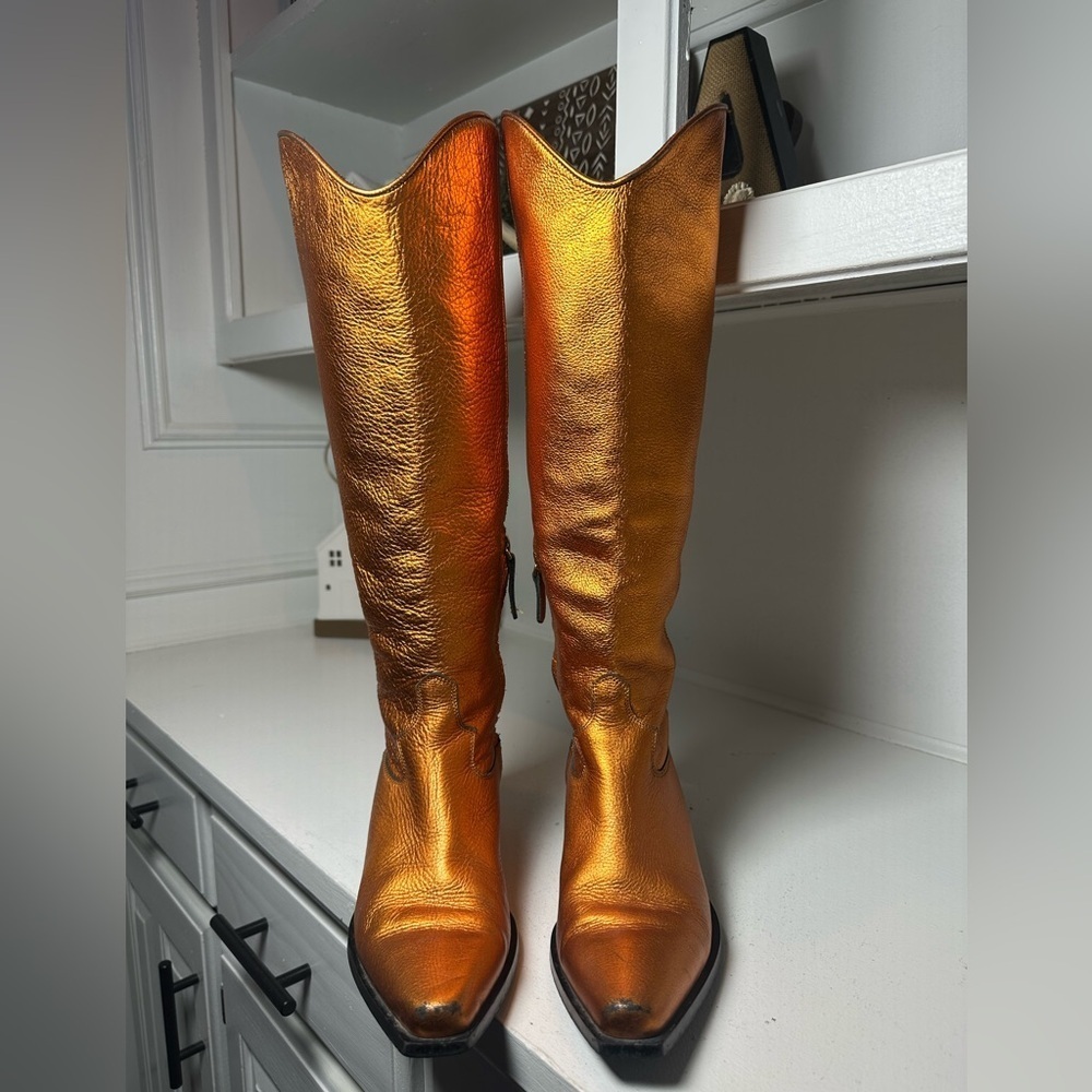 Feners Metallic Bronze Knee High Boots EU37 6.5/7 Pointed Toe Leather Western - Picture 2 of 10